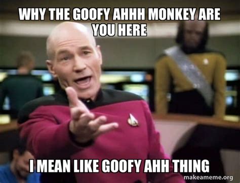 Why the goofy ahhh monkey are you here I mean like goofy ahh thing - Annoyed Picard | Make a Meme