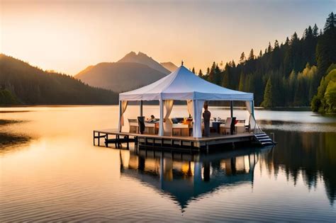 Premium AI Image | A tent with a view of a mountain range in the background