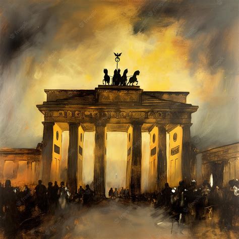 Premium Photo | A painting of a brandenburg gate with a crowd of people in the background.