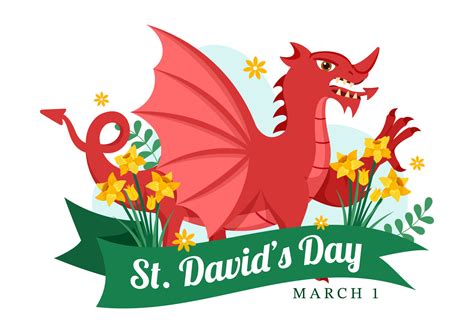 Happy St David's Day on March 1 Illustration with Welsh Dragons and Yellow Daffodils for Landing ...