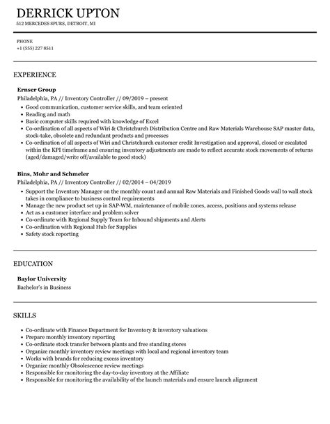 Inventory Controller Resume Samples | Velvet Jobs