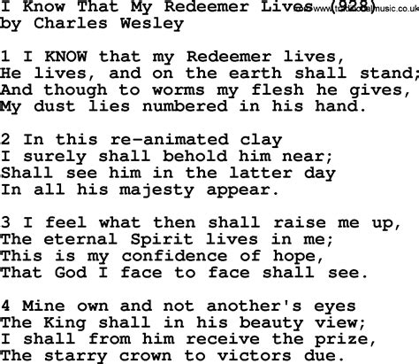 I Know That My Redeemer Lives (928) by Charles Wesley - hymn lyrics