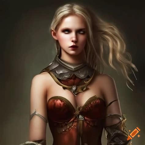 Medieval fantasy warrior woman with bare shoulders on Craiyon