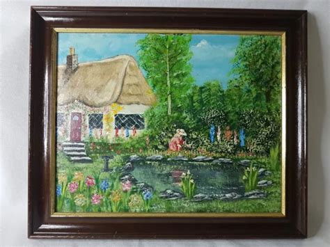 OIL PAINTING On Canvas Vintage Unsigned Garden & Thatched Cottage Rare ...