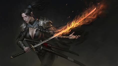 Wallpaper : fantasy art, fantasy armor, sword, katana, samurai, digital painting, fantasy girl ...