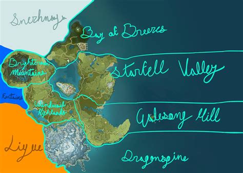 A self-edited map of Mondstadt, including Dornman Port and a few tweaks to the Brightcrown and ...