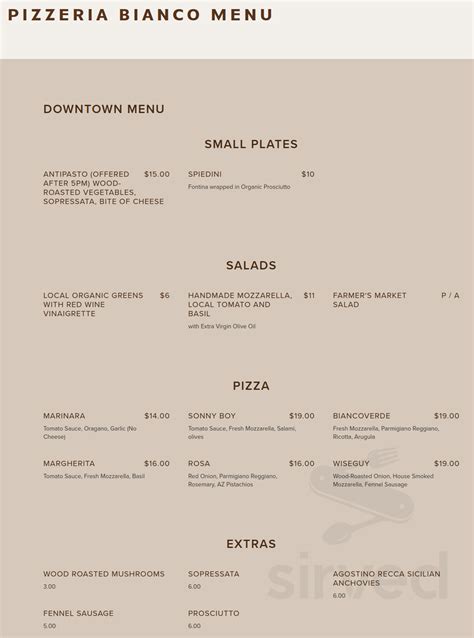 Pane Bianco Central menu in Phoenix, Arizona, USA