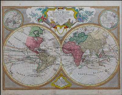 1775 MAPPA TOTIUS MUNDI Double Hemisphere World Map by Tobias Lotter ...