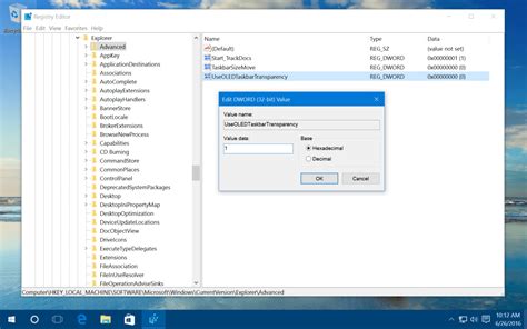 Windows 10: Increase Taskbar Transparency via the Registry