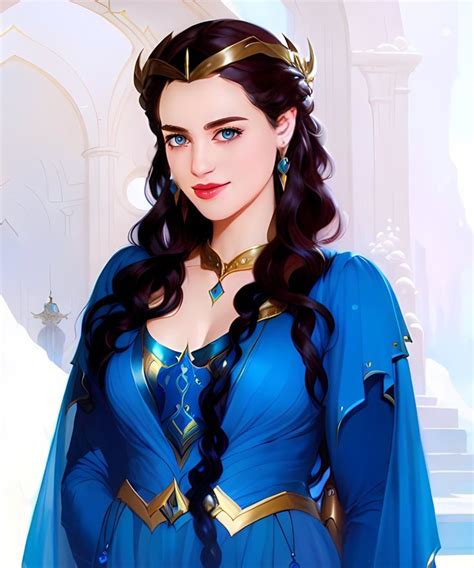 a painting of a woman dressed in blue and wearing a tiara with gold accents