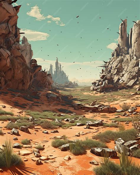 Premium AI Image | a painting of a desert landscape with birds flying ...