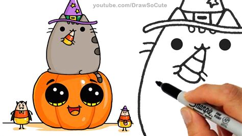 how to draw so cute pusheen cat pumpkin and candies for halloween ...