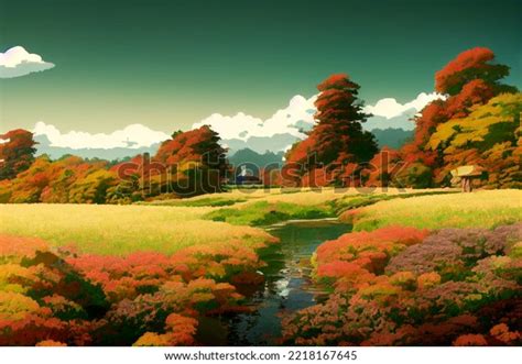 Fall Abstract Studio Ghibli Forest Landscape Stock Illustration ...