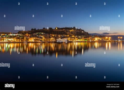 Lights in the old town of Nafplio, Greece at dusk. Nafplio was the first capital of the modern ...