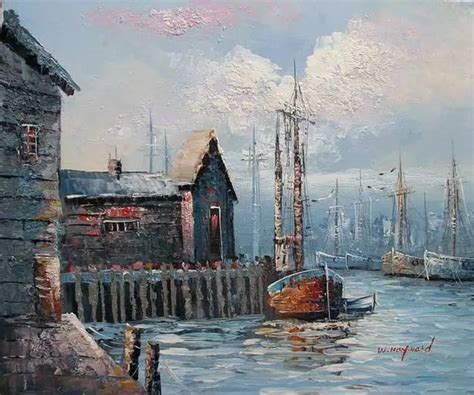 Old Fishing Village Boats Docks Pier 36X24 Oil Painting-in Painting ...