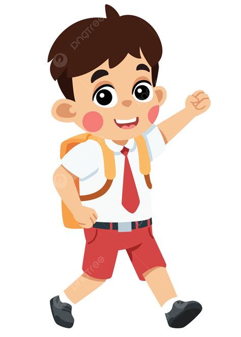 Indonesian Boy Go To School Walking Happily Lifting Hand Fist Murid ...