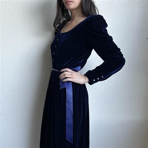 Beautiful vintage 90s blue velvet dress. Has faux... - Depop