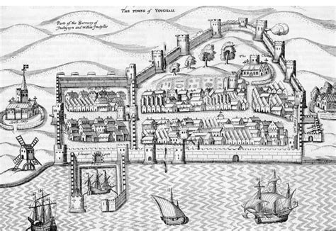 Map of Youghal, ireland from the 17th century Pacata Hibernia. The smaller walled section to the ...