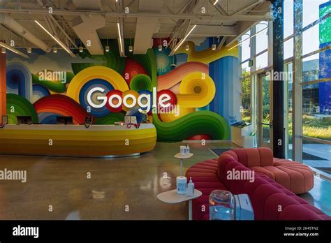 MOUNTAIN VIEW, CA - AUGUST 29, 2022: Google logo inside the reception of Google Headquarters in ...