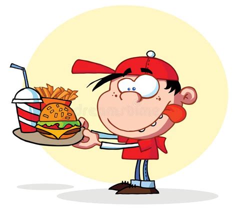 Hungry Boy Staring at Plate of Fast Food Stock Vector - Illustration of burger, hamburgers: 15309418