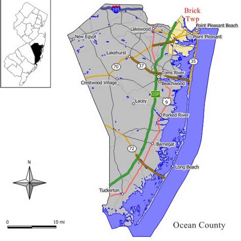 Map of Brick Township in Ocean County. Inset: Location of Ocean County ...