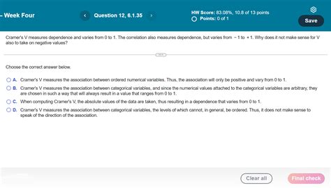 Solved Cramer's V measures dependence and varies from 0 to 1 | Chegg.com