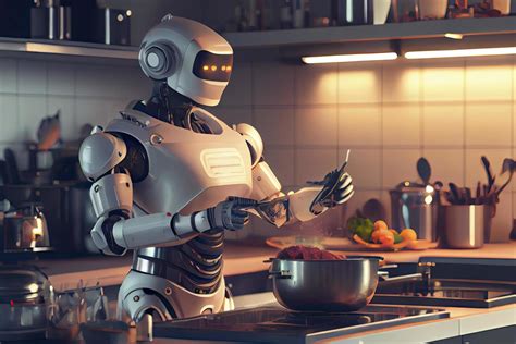 Robot chef cooking in kitchen of future home genius, smart robot ...