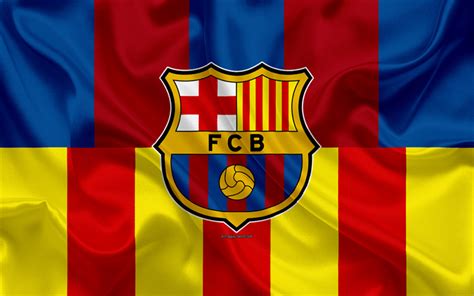 Download wallpapers FC Barcelona, 4k, logo, blue burgundy silk flag, flag of Catalonia, Spain ...