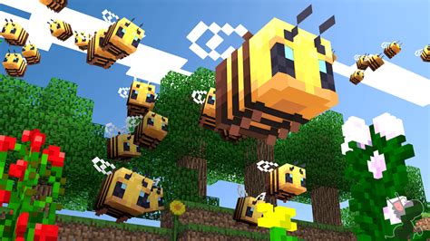 Since bees are now in Minecraft, I made a little render with a swarm of ...