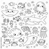 Coloring Page With Sea Animals Cute Cartoon Characters Set Ocean Fish  sketch template