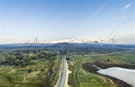 Aerial view of wind farm in grassland and mountain, Israel - Stock ...