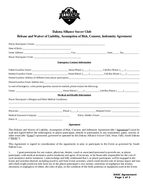 Dakota Alliance Soccer Club Release and Waiver of Liability, Assumption ...