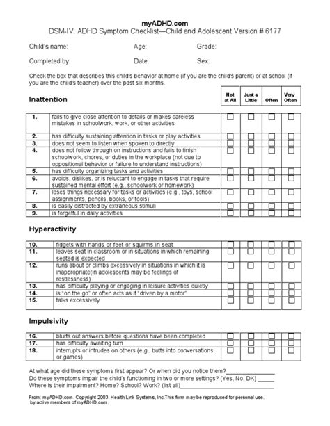 DSM-IV ADHD Symptom Checklist-Child and Adolescent Version # 6177 | PDF ...