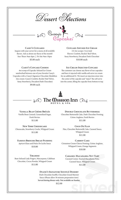 The Mission Inn Restaurant menu in Riverside, California, USA