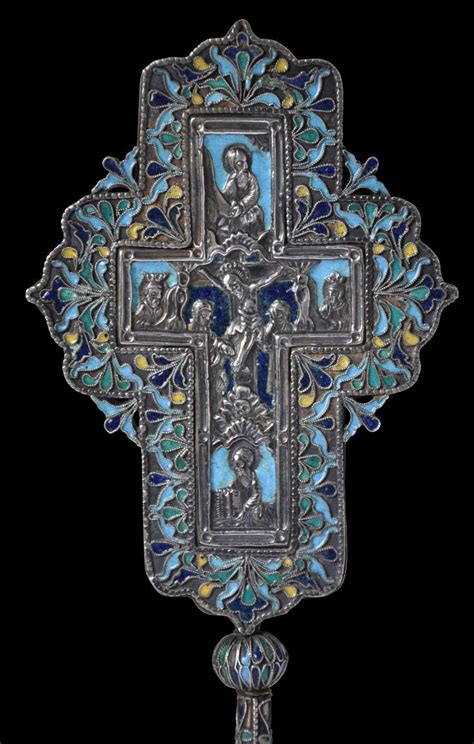 Rare Enamelled Silver Armenian Orthodox Altar Cross. Armenian Community, Ottoman Turkey, 18th ...