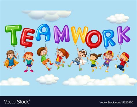 Kids and balloons for word teamwork Royalty Free Vector