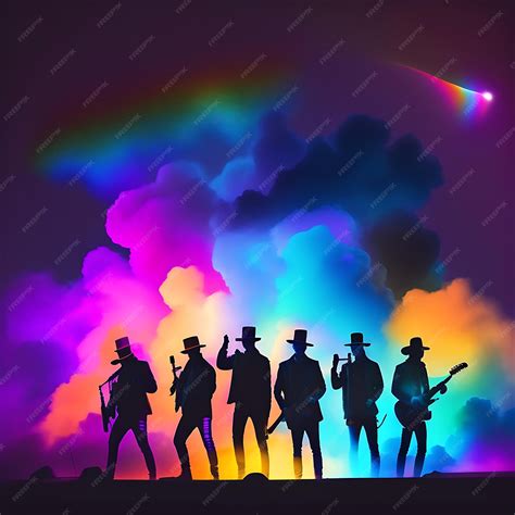 Premium Photo | Silhouette of gang of droogs in front of colorful rainbow lights with smoke ...