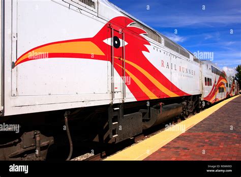 Rail Runner train in the station at the Railyard in Santa Fe, New Mexico USA Stock Photo - Alamy