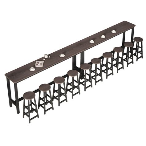 Rectangular Modern Bar Table in Brown Wood with Black Steel Trestle Base and Footrest - Without ...