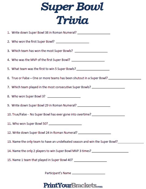 Printable Super Bowl Trivia Game