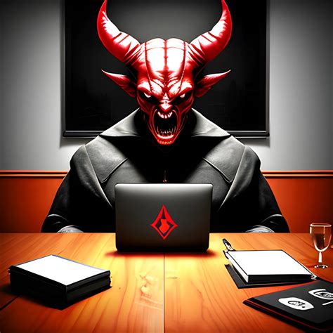 the devil is sitting at the table, in front of him is a laptop w ...