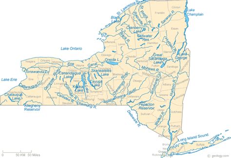 Map of New York Lakes, Streams and Rivers