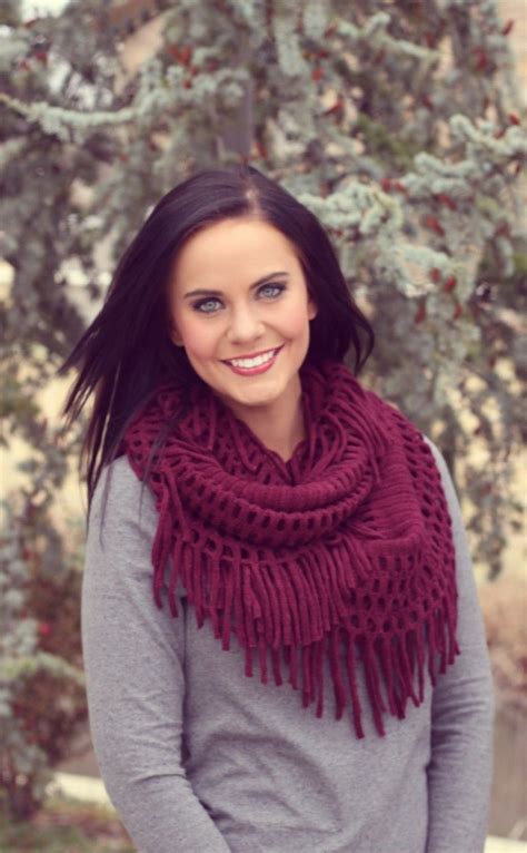 PLUM "BUNDLE UP" KNIT INFINITY SCARF WITH FRINGE | Knit infinity scarf ...