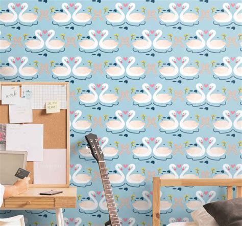 Swans in love pattern on blue background leaves wallpaper - TenStickers