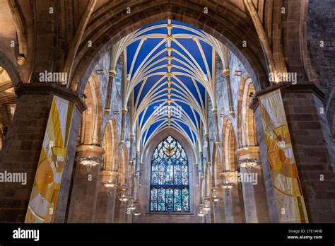 Tierceron rib vault in St. Giles Cathedral interior in Edinburgh, Scotland, UK. Vaulted ceiling ...