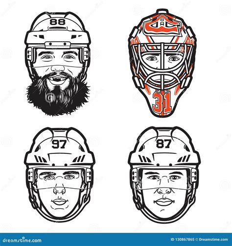 Vector Line Illustrations of 4 Pro Hockey Players Heads Stock ...