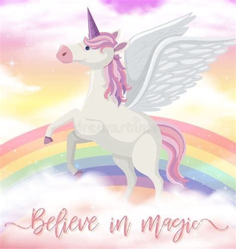 Unicorn With Wings On Rainbow Sky Stock Illustration - Illustration of ...