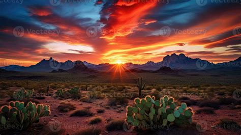 Wild West Texas desert landscape with sunset with mountains and cacti. Generative AI 32980573 ...