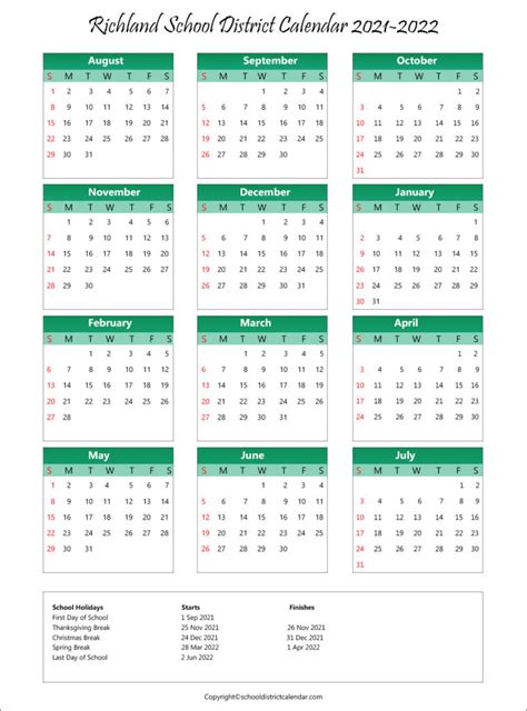 Richland School District Calendar Holidays 2021-2022