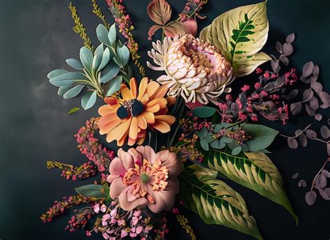 Premium AI Image | Floral Arrangement of Flowers and Leaves on Dark ...